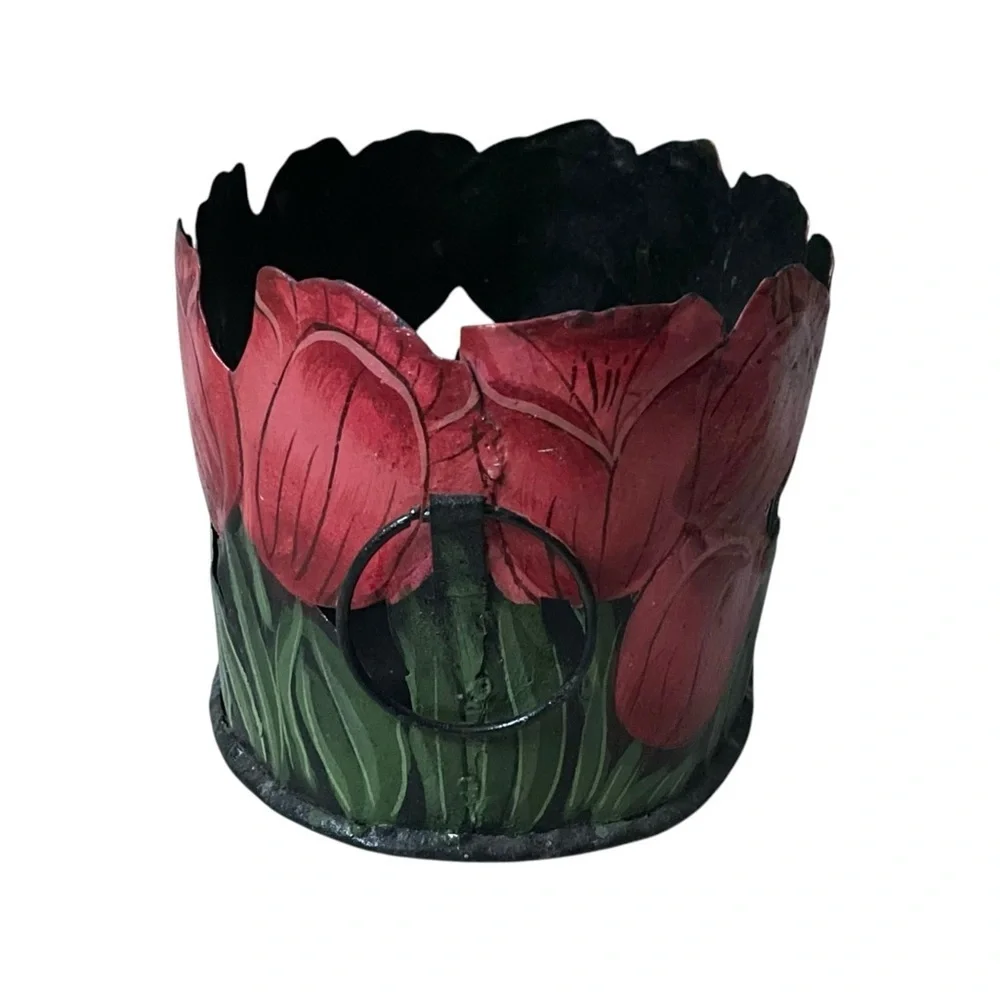 Vintage Boho Cutout Tole Metal Painted Tulips Planter Basket